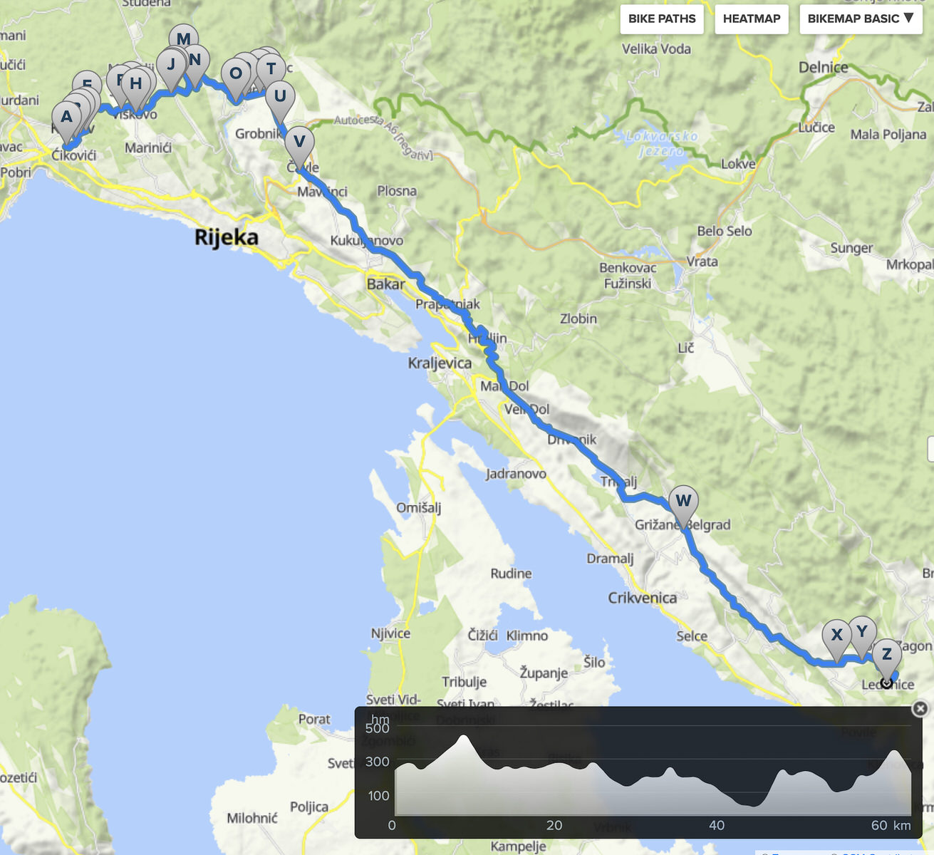 Trasa druge dne. Kar nekaj časa sva se vrtela okoli Reke, zato pa sva bila kasneje nagrajena z neverjetnimi pogledi na Kvarner. 65 km, 1 km gor in ravno toliko dol.